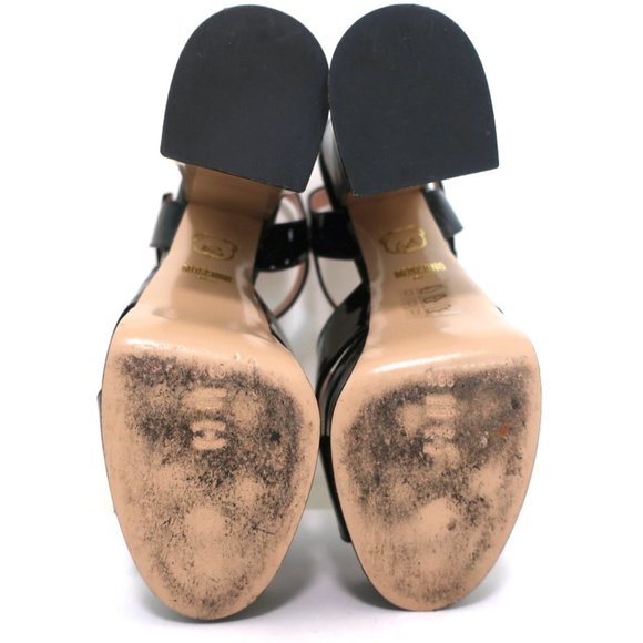 MOSCHINO PLATFORM FLARE-HEEL SANDALS BLACK PATENT LEATHER SIZE 38.5 - Picture 10 of 11